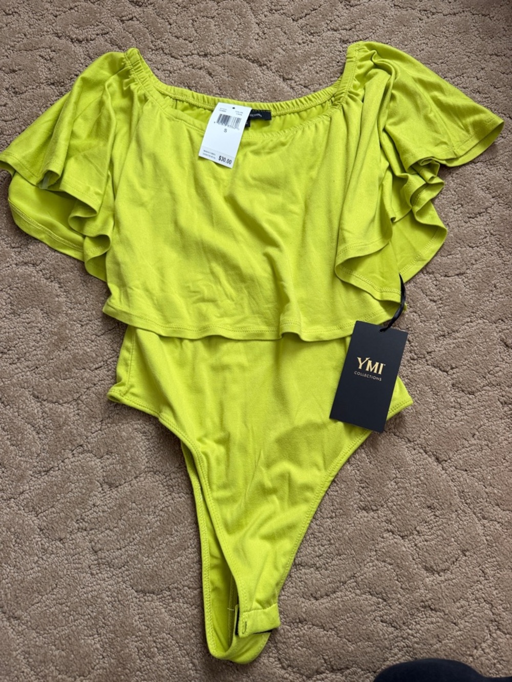 YMI Bright Lime Green Ruffle Off-Shoulder Kids One-Piece